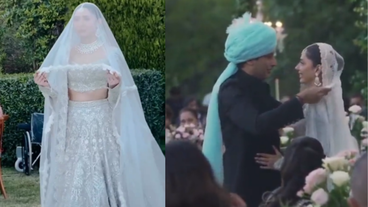 Mahira Khan weds beau Salim Karim in a light blue pastel lehenga and diamond jewellery. Pic Credit: Twitter