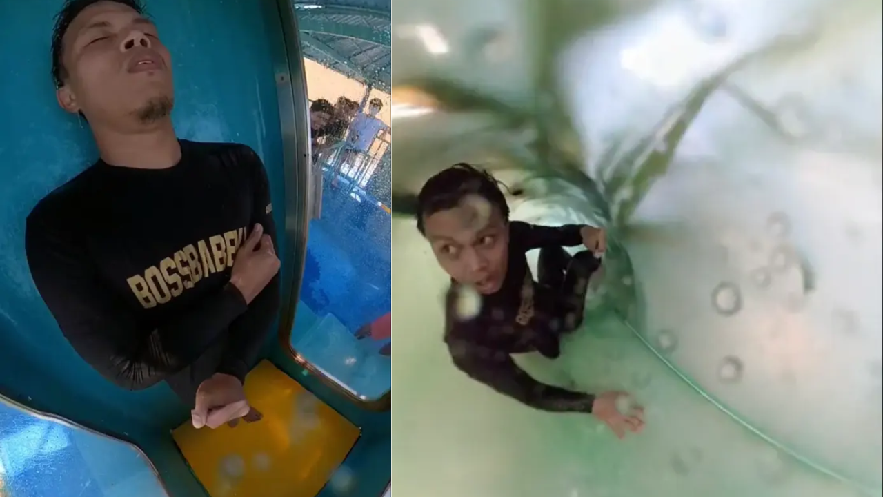 TikToker gets stuck inside massive water slide, yells for help.