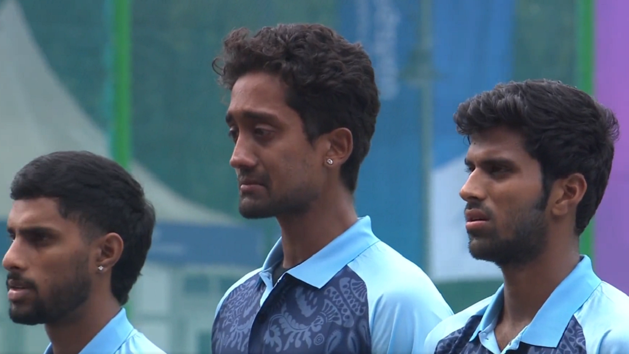 R Sai Kishore gets emotional during national anthem ahead of his maiden T20I match for India in Asian Games 2023