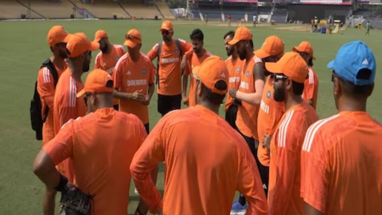 Team India in Orange Practice Kit (Image: Muffadal Vohra /X)