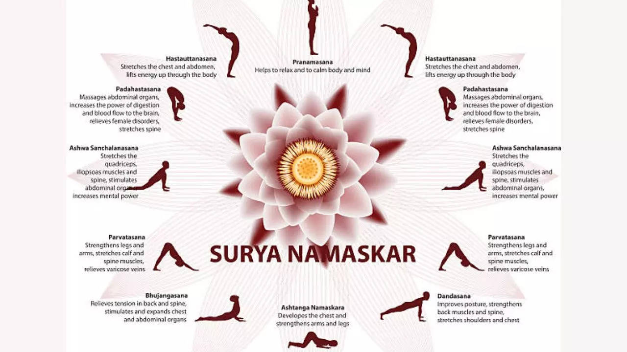 Surya namaskar A sun salutation yoga asanas sequence set vector  illustration 2423582 Vector Art at Vecteezy