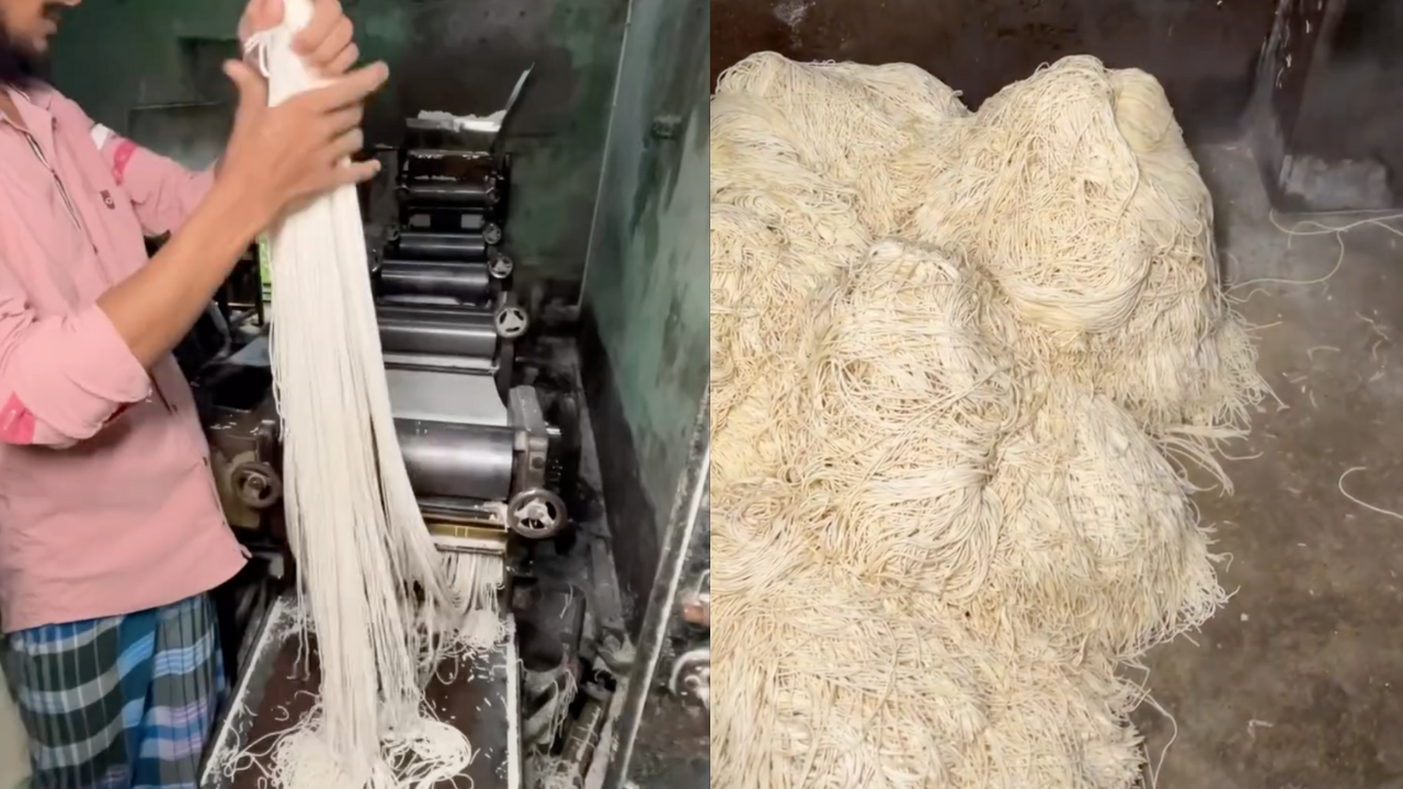 Strands of freshly cut and steamed noodles lie on the floor at a noodle factory in Kolkata. | Credit: Nikhil Chawla