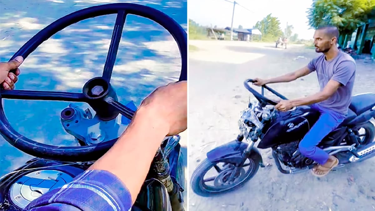 car steering wheel in bike, Viral Video