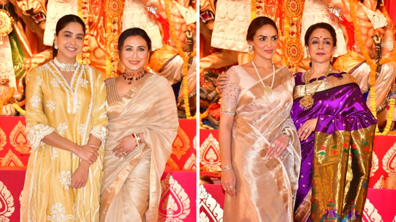 Durga Puja 2023: Rani Mukerji, Sharvari Wagh Reunite, Hema Malini-Esha Deol Exude Elegance In Sarees At Pandal