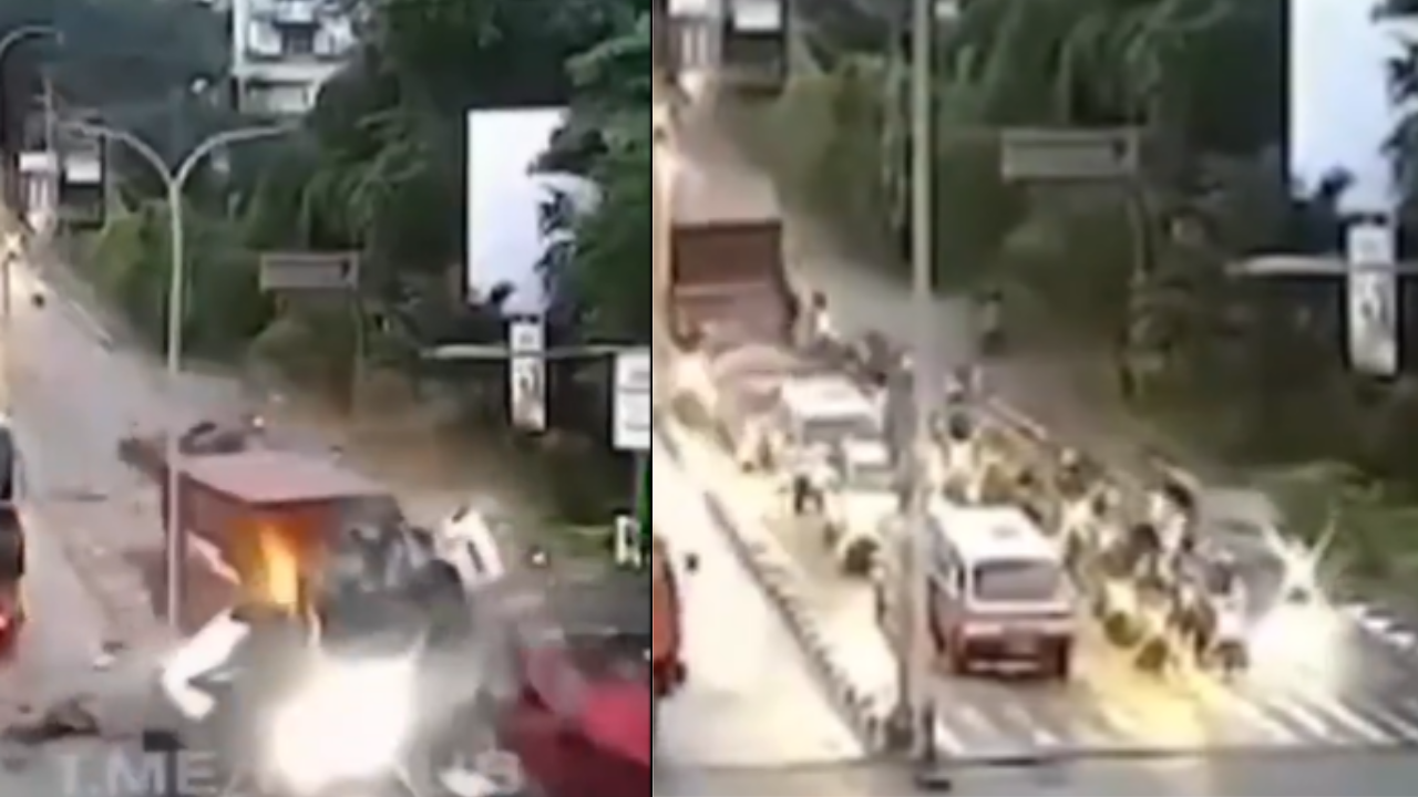 Speeding Truck Rams Cars On The Highway.