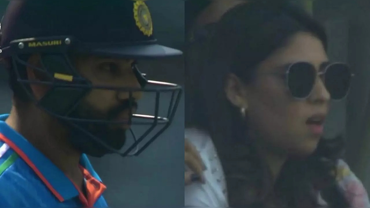 Wife Ritika Sajdeh in disbelief after Rohit Sharma gets out for four runs against Sri Lanka in Mumbai.