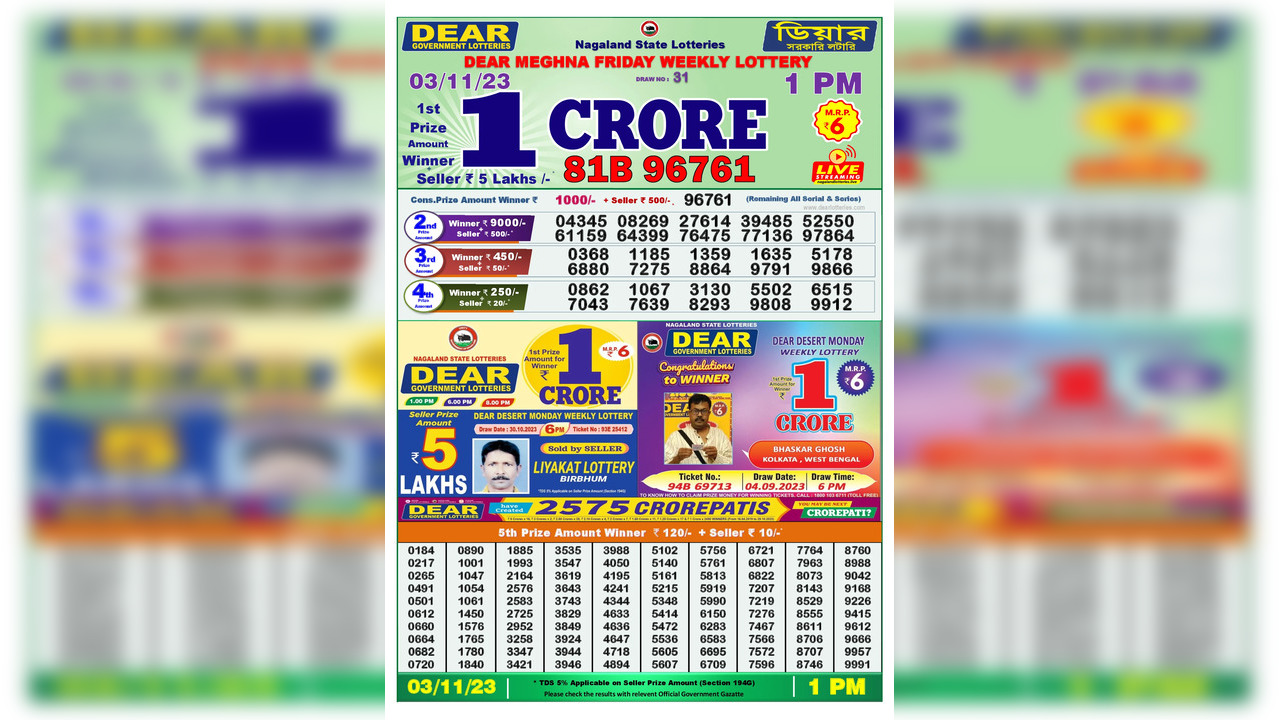 The results for Dear Meghna Friday were announced at 1 pm on 3rd November, 2023. | Nagaland State Lotteries