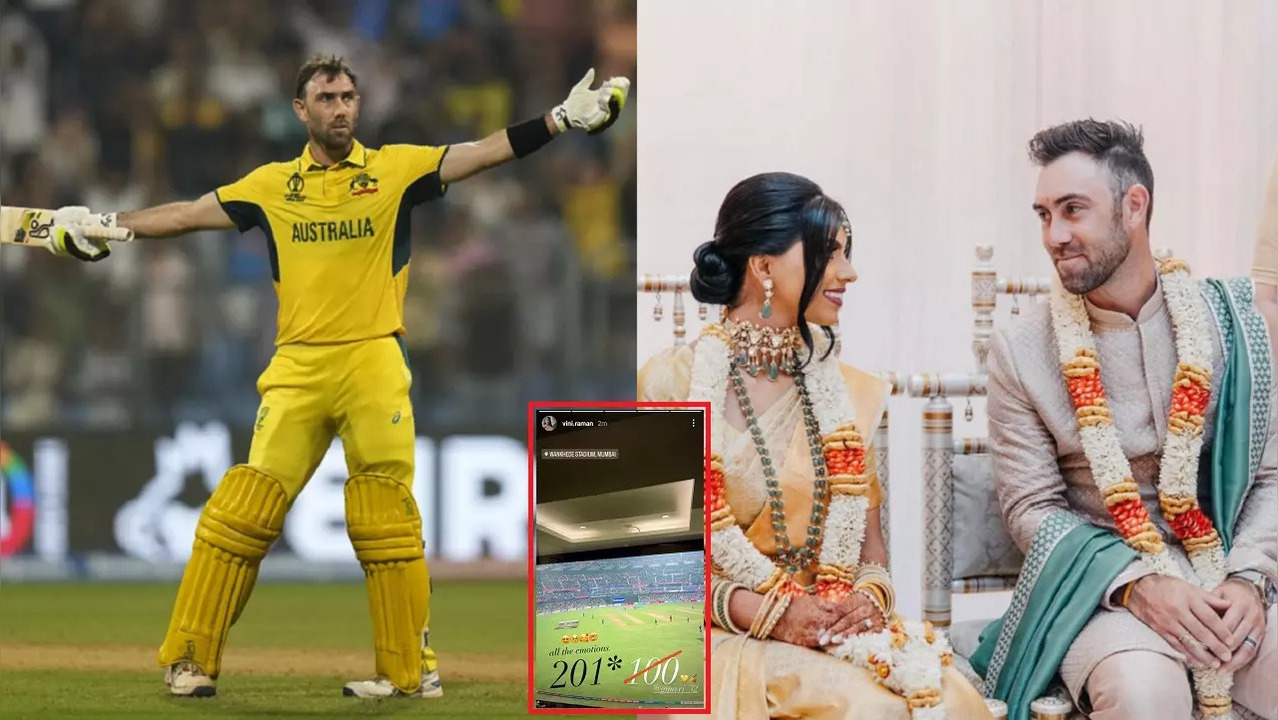 Glenn Maxwell wife Vini Raman's Instagram story after he scores 201 not out from 128 balls against Afghanistan on Tuesday at Wankhede Stadium in Mumbai