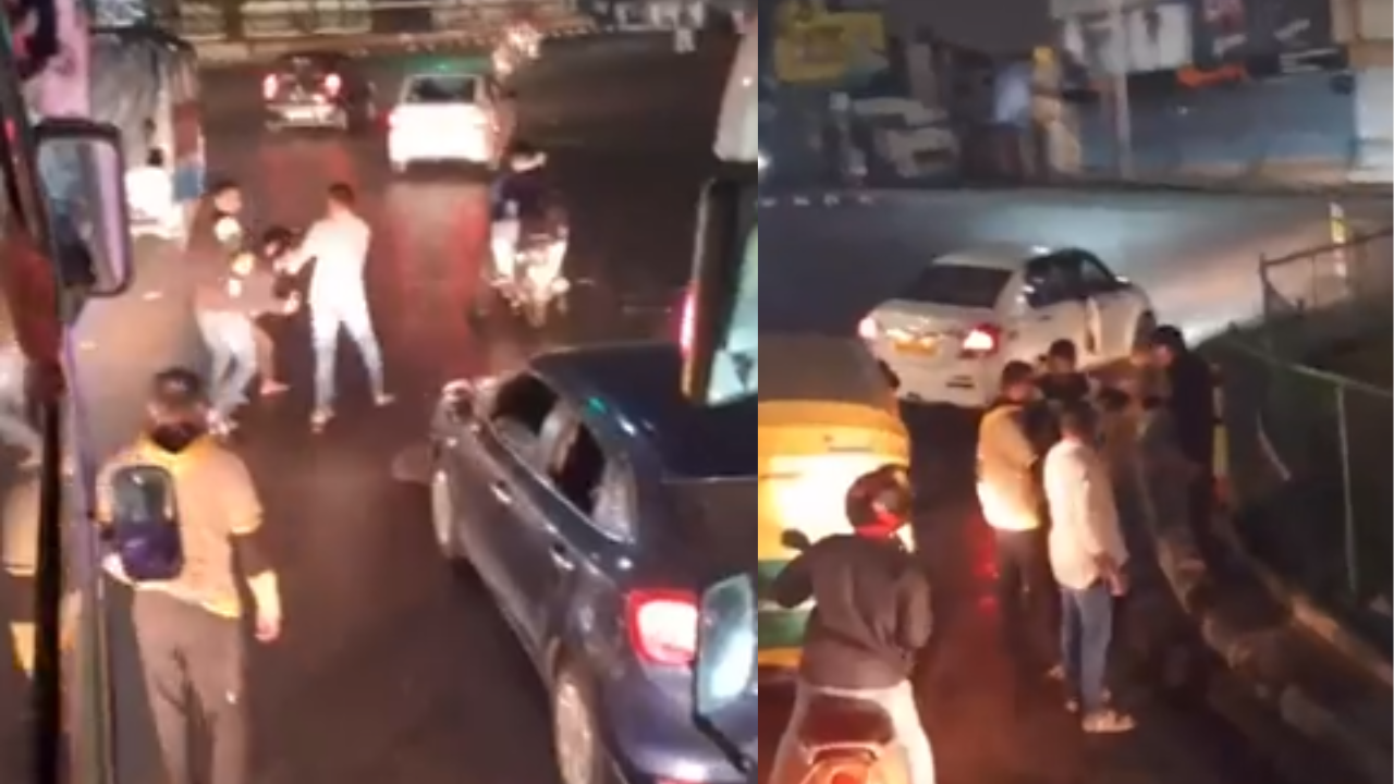 Bengaluru Road Rage Caught on Cam: Three Men Thrash Each Other at Red Light Signal | WATCH