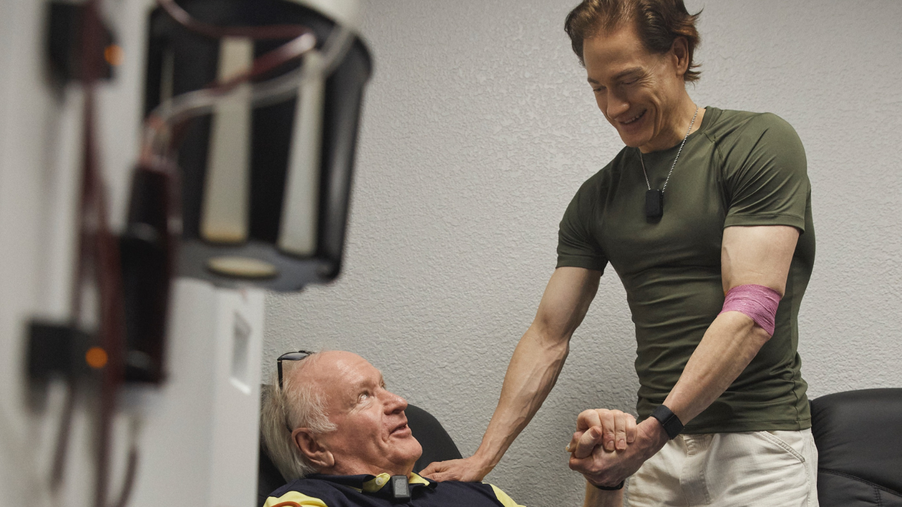 Bryan Johnson pictured with his father after plasma transfusion that slowed his ageing by 25 years. | Image courtesy: @bryan_johnson/X