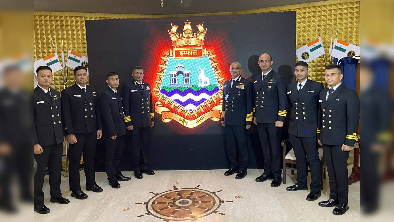 Navy chief, Admiral Hari Kumar with officers with the INS Imphal’s crest. (Photo: Srinjoy Chowdhury)