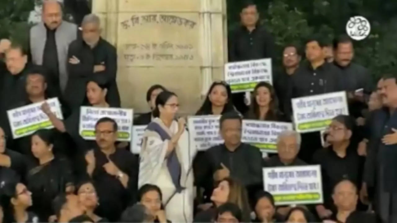 Mamata Banerjee leads a protest of Trinamool Congress MLAs