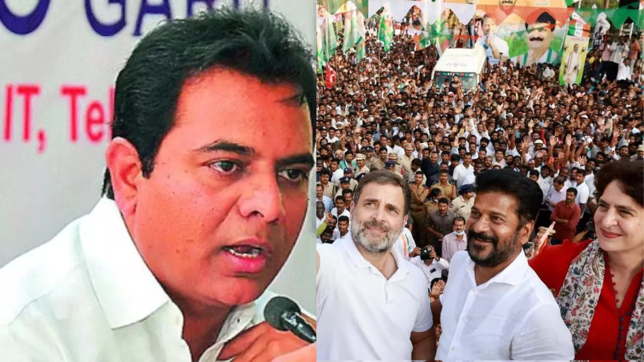 KT Rama Rao (left) and Revanth Reddy with Rahul Gandhi and Priyanka Gandhi