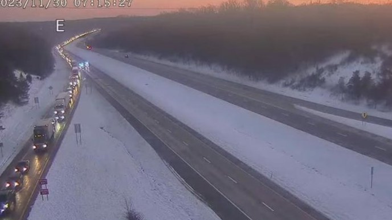 An aerial view of I-90 following the truck accident and chocolate-caramel spill. | Courtesy: Ohio State Highway Patrol