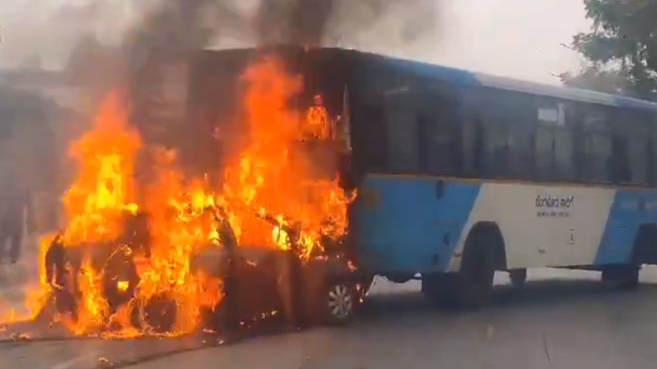 Bengaluru: Speeding Car Collides with BMTC Bus, Erupts in Flames |Video