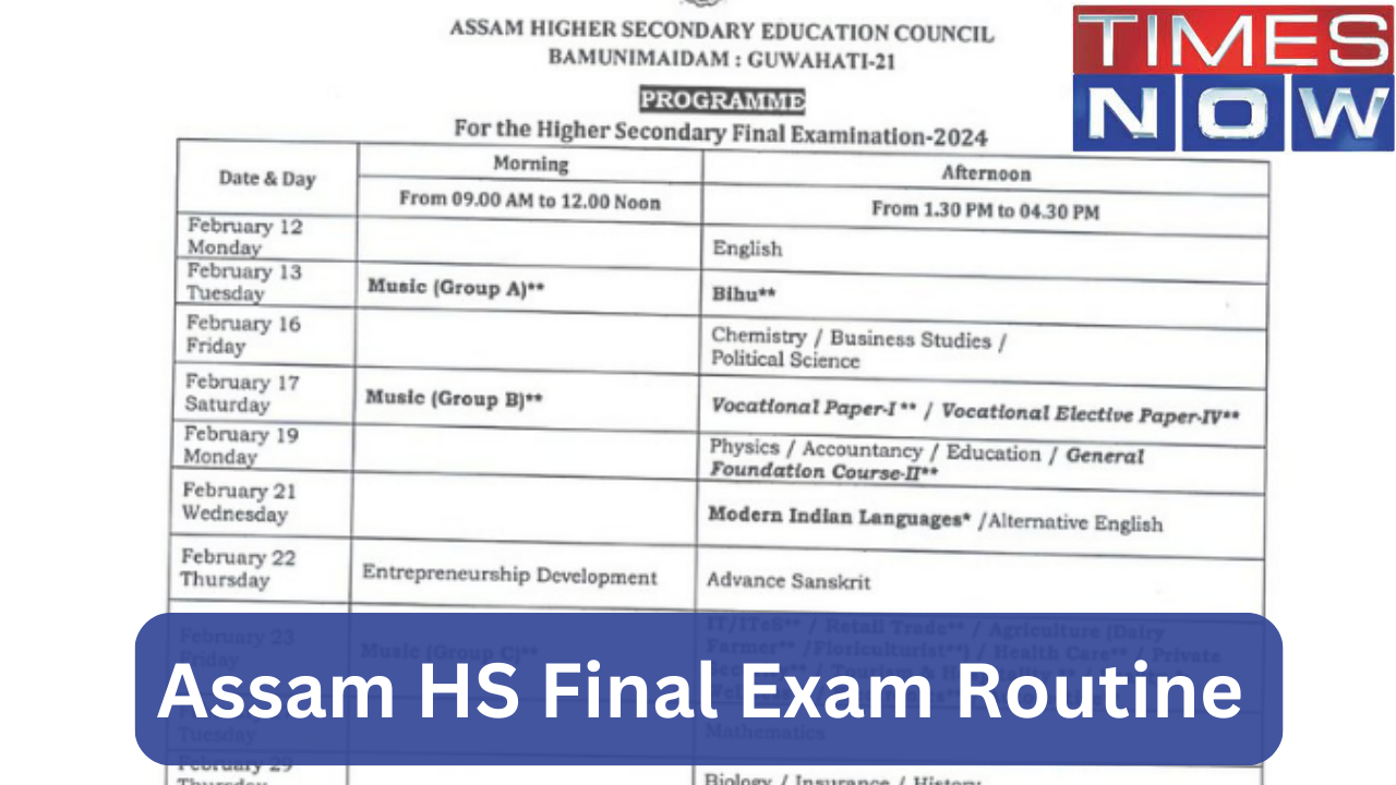 AHSEC Routine 2024: Assam HS Final Exam Routine Released, Exams To Begin from Feb 12