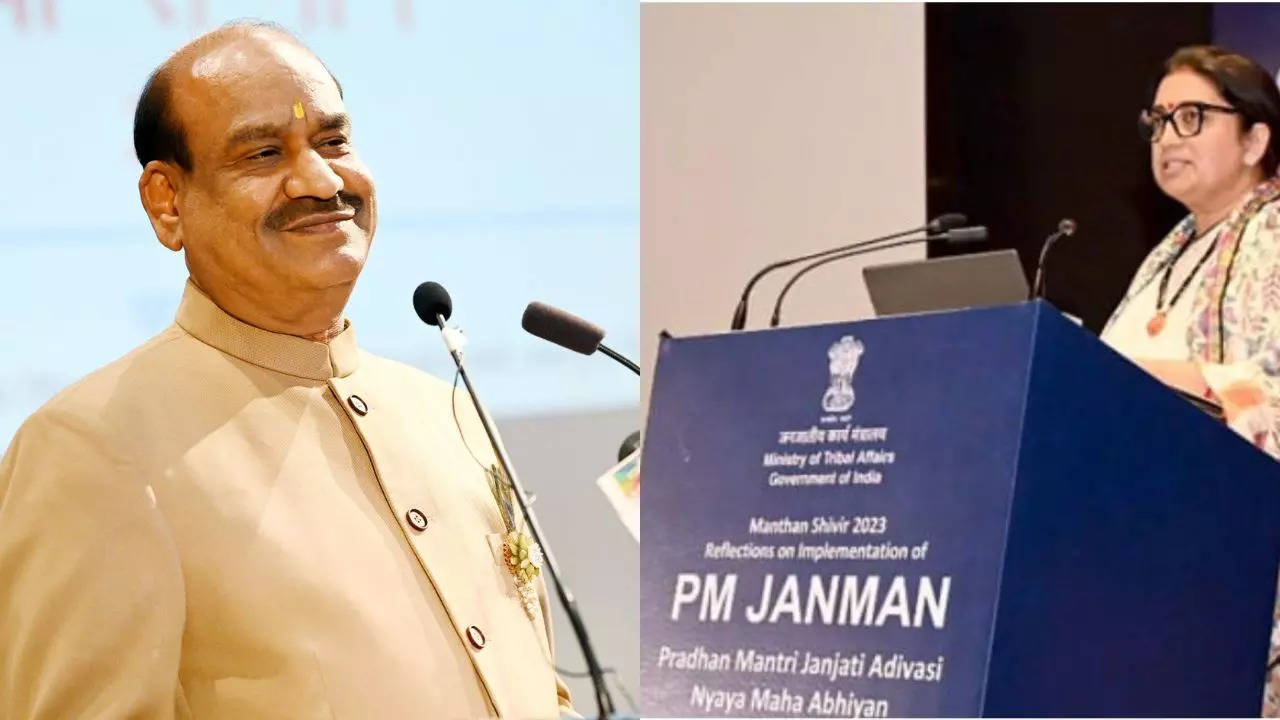 Lok Sabha Speaker Om Birla (left) and Smriti Irani (right)