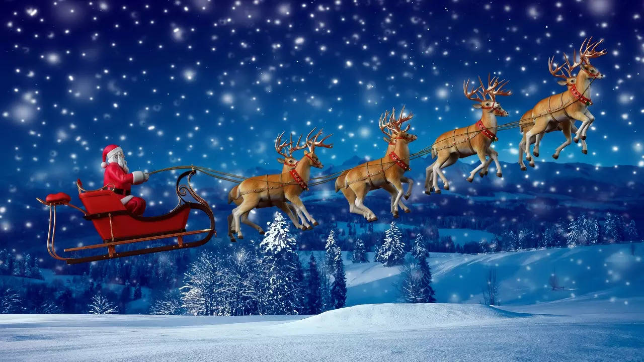 An artist's impression of Santa Claus and his sleigh-pulling reindeer at night. | Canva Pro