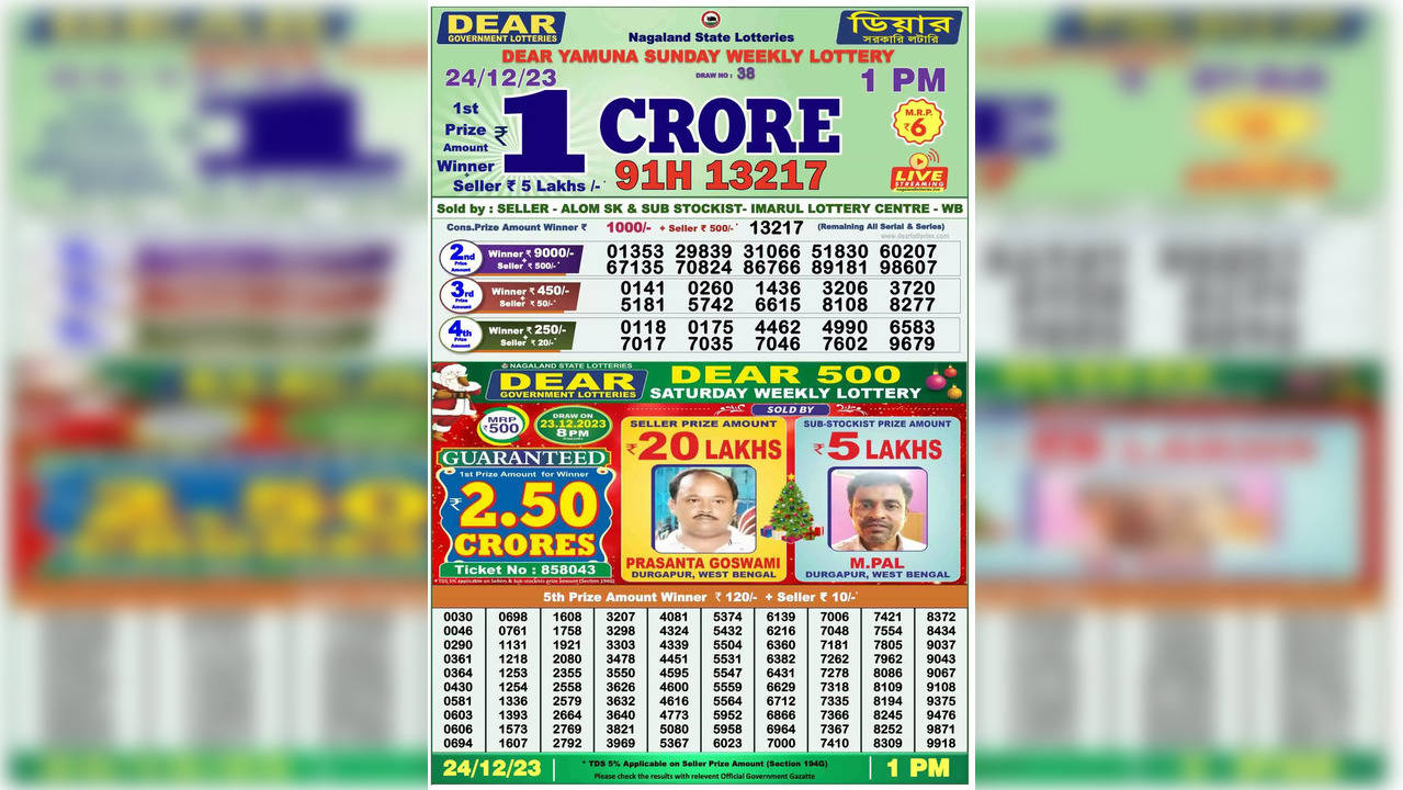 Nagaland State Lottery Sambad Result Today 23.12.23 Dear Saturday