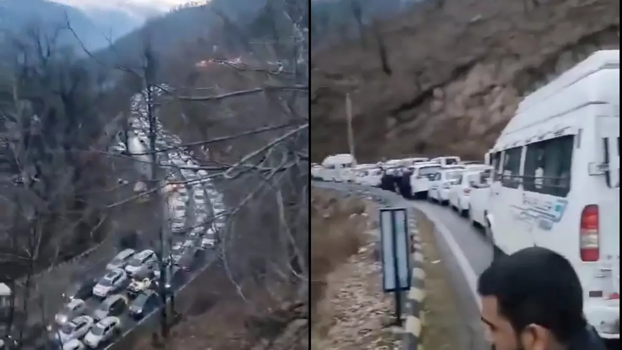 A traffic jam of incoming vehicles chokes the road to the Atal Tunnel. | Courtesy: Weatherman Shubham