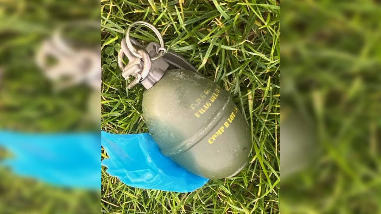 A drone close-up reveals the suspected hand grenade was a dispense for dog faeces. | Courtesy: McMinnville PD