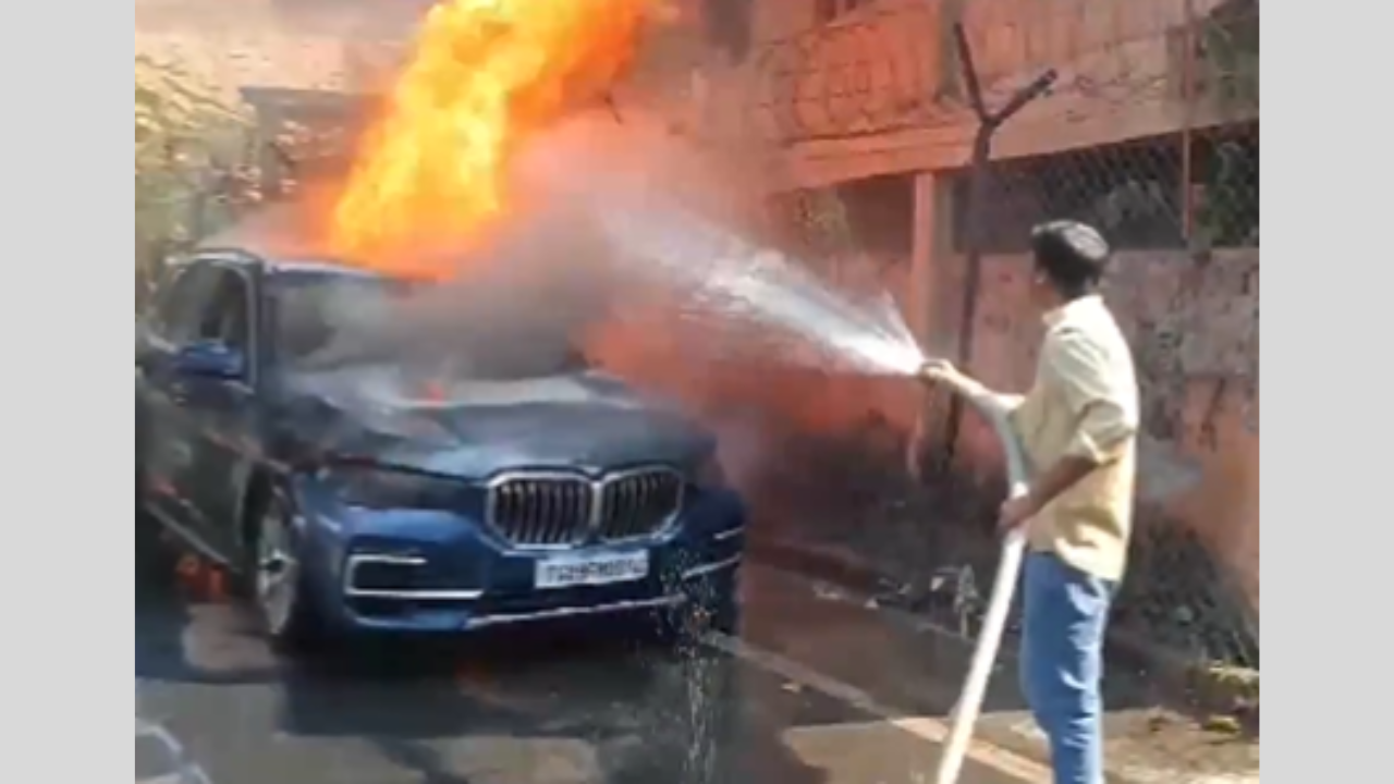 BMW Car Consumed by Fire Near Hyderabad's Mint Compound |Video