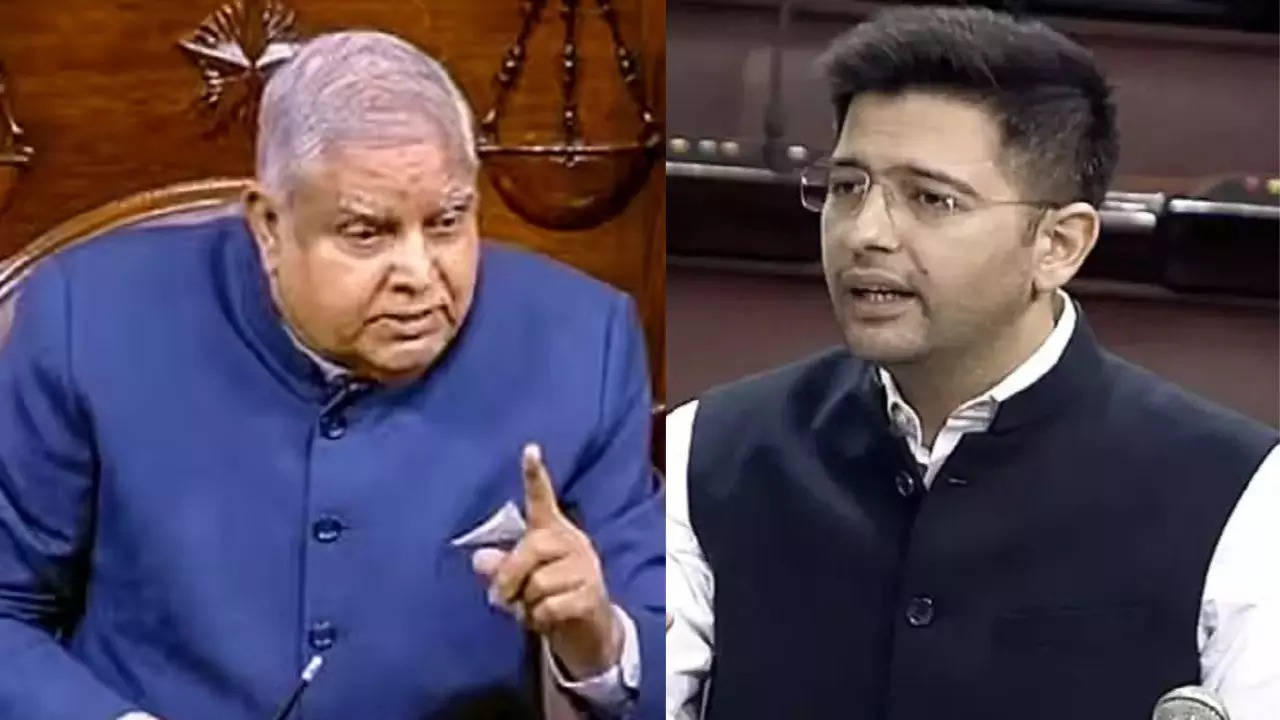 ​Vice President and Rajya Sabha chair Jagdeep Dhankhar (left) and AAP MP Raghav Chadha (right)