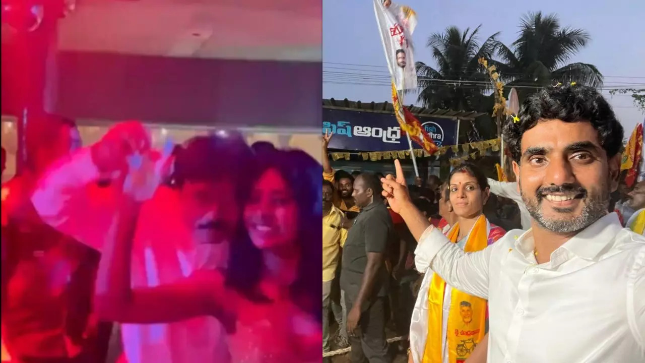 ​Ram Gopal Varma about to pour alcohol on woman (left); Chandrababu Naidu's son Nara Lokesh (right)