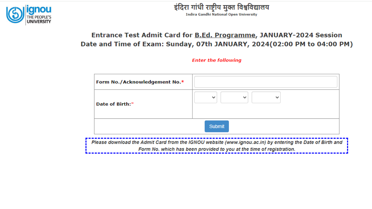 IGNOU Admit Card 2024 Released For BEd, PhD, B.Sc Entrance Exams; Direct Link