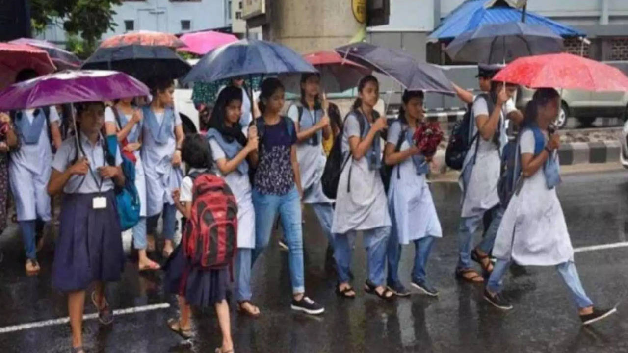 School students in rain