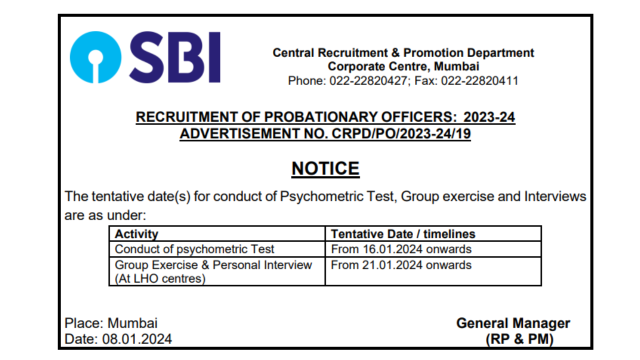 SBI PO 2023 Interview, Psychometric Test Date Released on sbi.co.in, Check Schedule