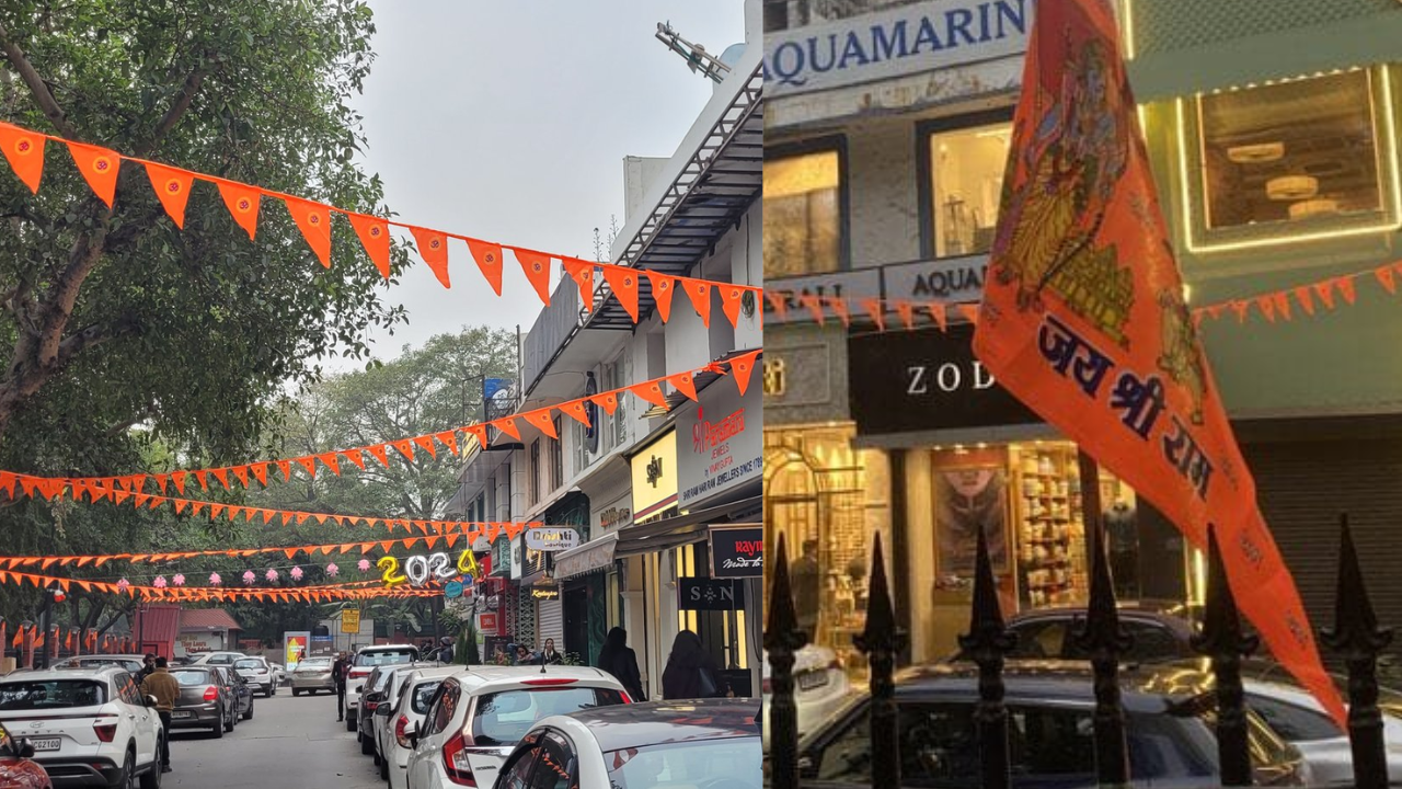 Saffron Flags put up at Khan Market in run up to consecration ceremony of Ram Temple in Ayodhya.