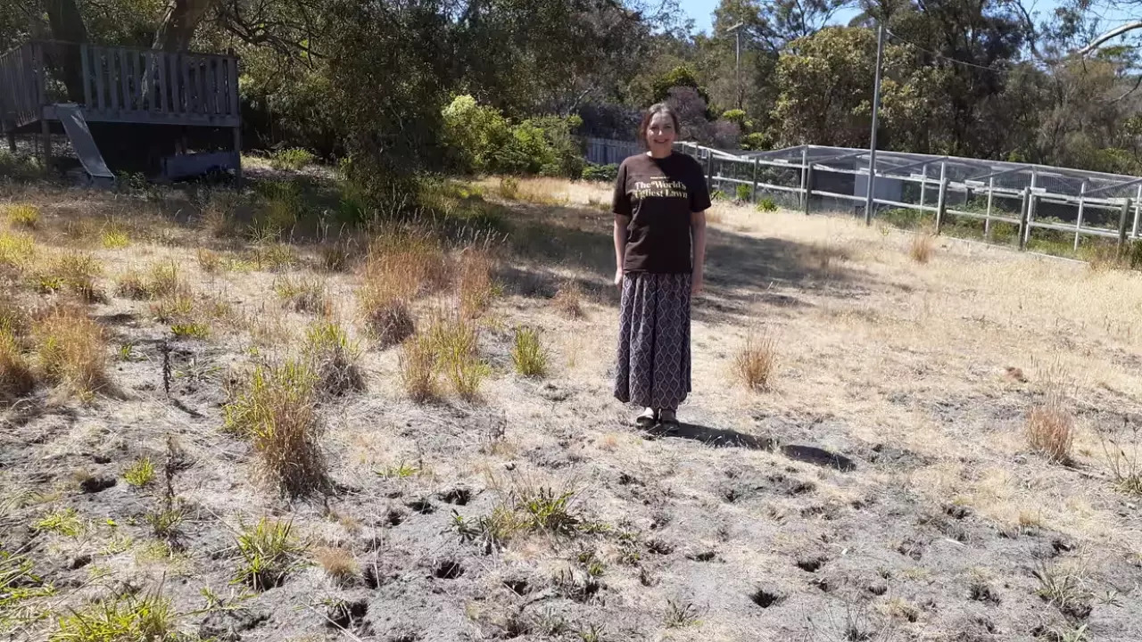 Kathleen Murray pictured in her parched backyard that won the 'World's Ugliest Lawn' competition. | Courtesy: Municipality of Gotland