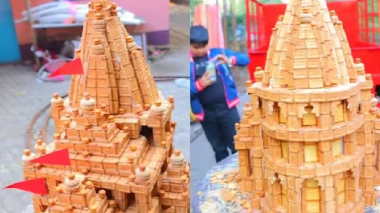 Viral Video: Man Crafts Replica of Ayodhya's Ram Mandir Using 20 KG Parle-G Biscuits. Watch