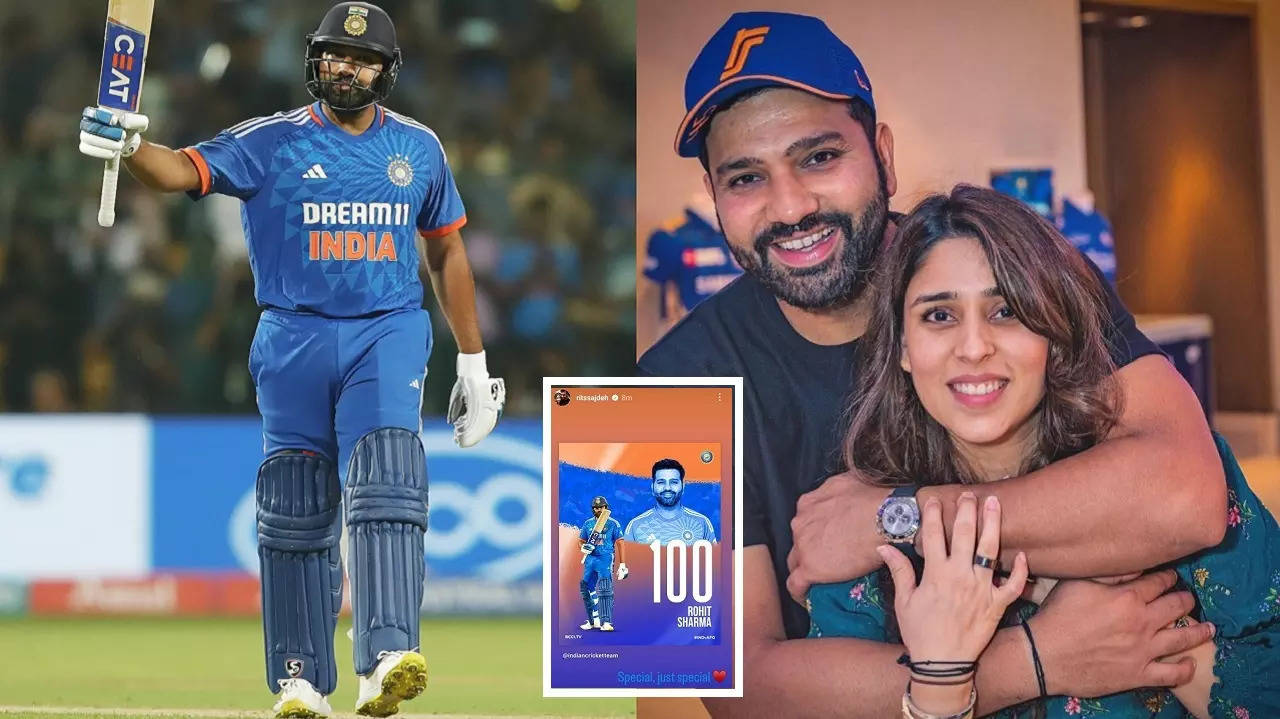 ​Ritika Sajdeh's three-word reaction after Rohit Sharma completes his 5th T20I century goes viral.​