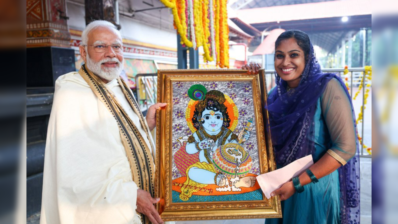 PM Modi Receives Krishna Painting From Muslim Artist Jasna Salim At Kerala Temple