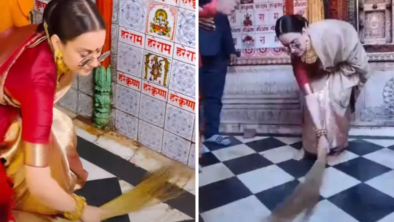 Kangana Ranaut Sweeps Floor At Ayodhya Temple In Saree, Sunglasses