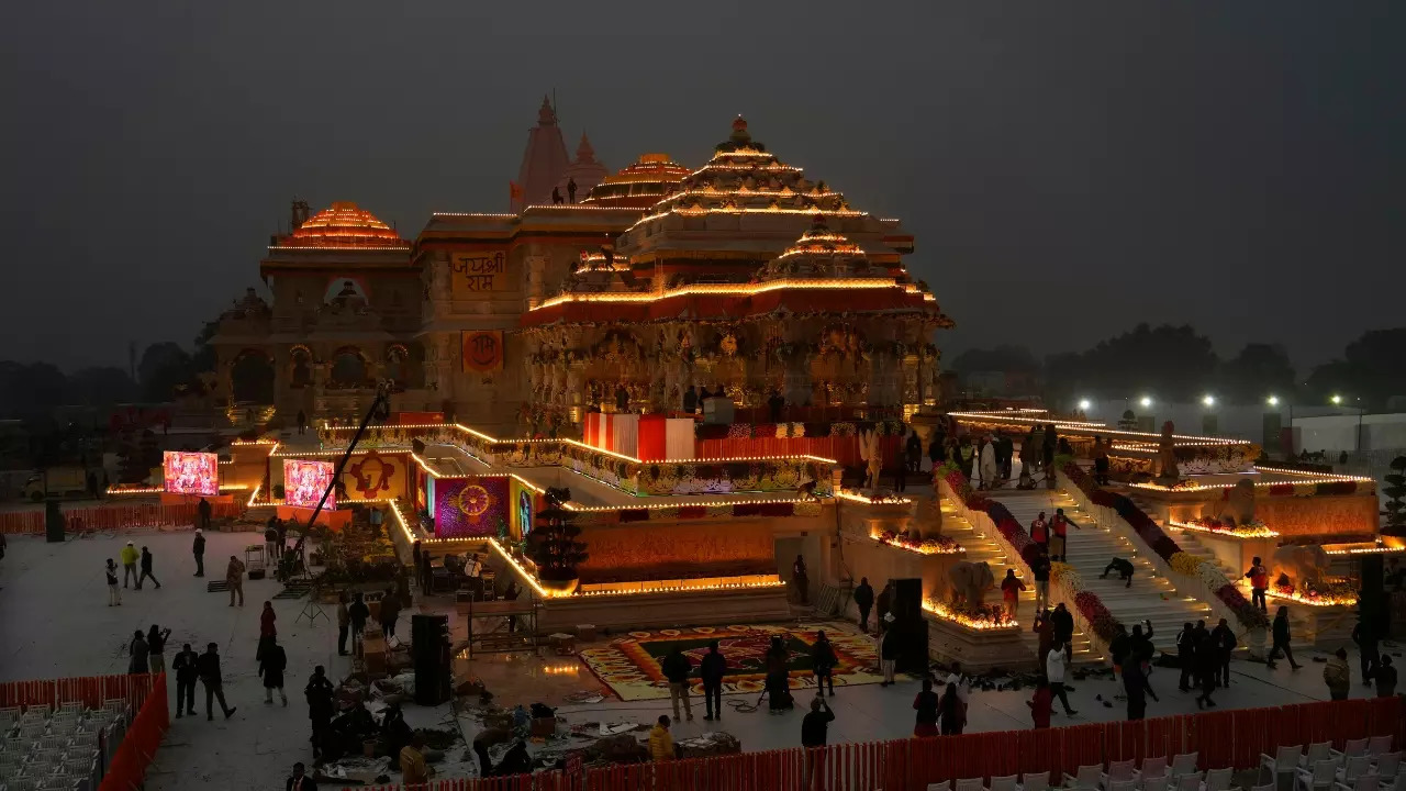 Ayodhya Ram Mandir illuminated before the 'Pran Pratishtha' and grand opening on January 22. | Courtesy: AP