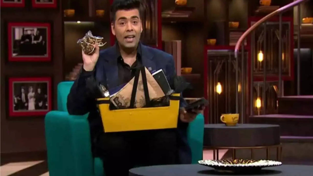 Karan Johar with the much-hyped gift hamper from his chat show Koffee With Karan