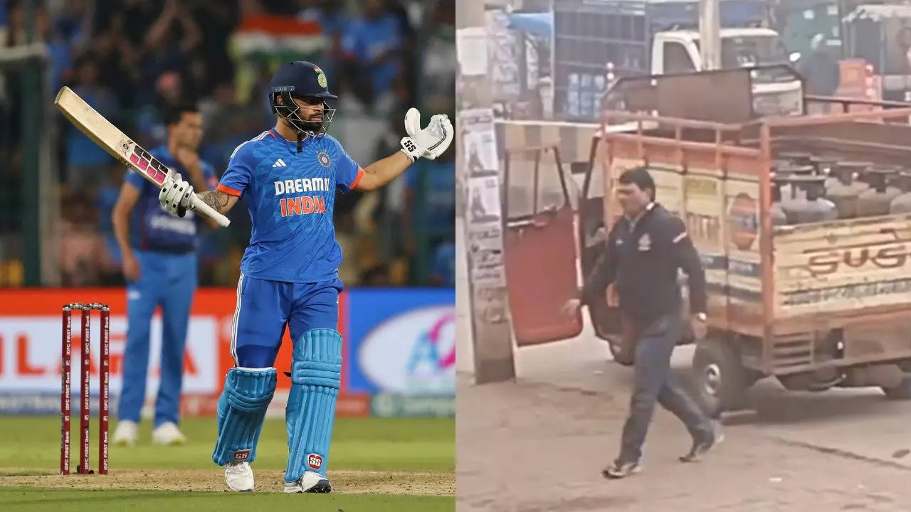 Rinku Singh (left) plays for India while his father (right) delivers LPG cylinders. | Courtesy: AP/X