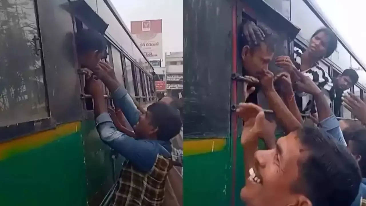 man head stuck in bus window to get fresh air funny video