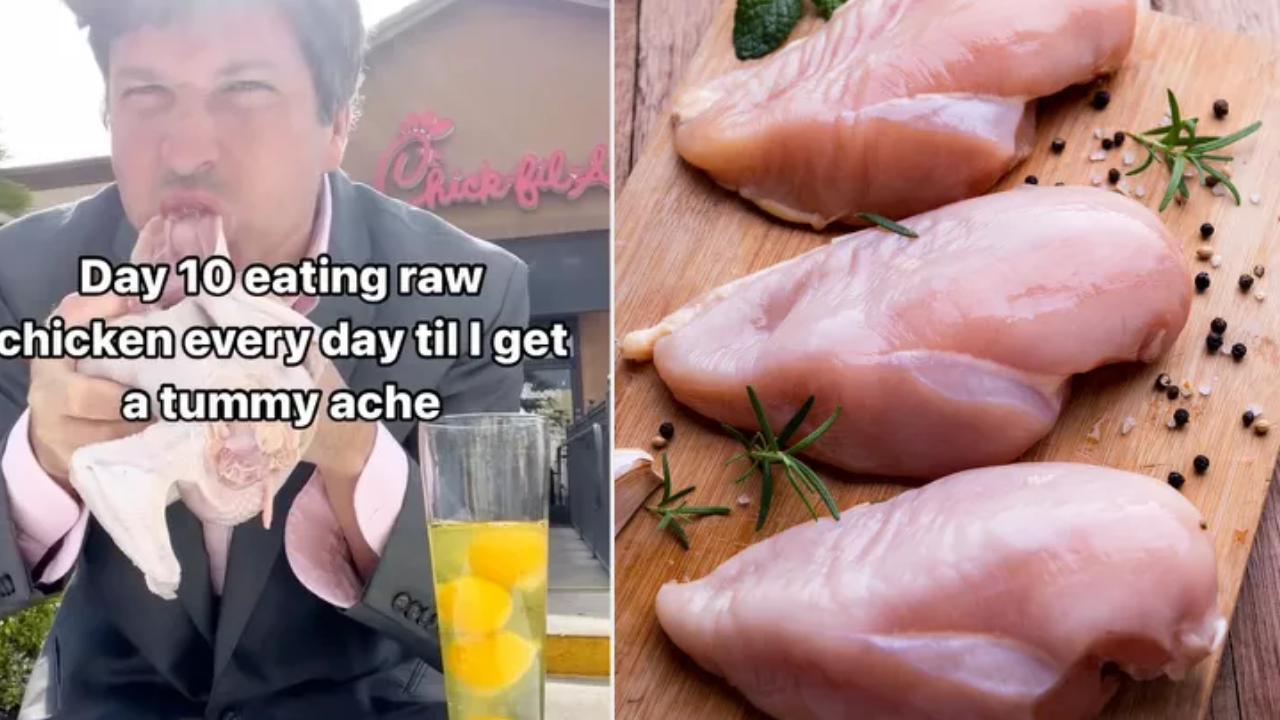 This man is eating raw chicken until he 'falls sick'.