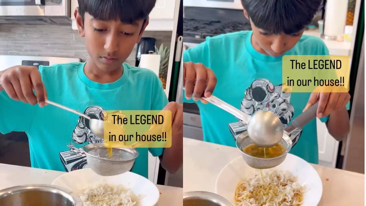 A content creator's son strains his Rasam before eating. | Courtesy: @sowseelya_pedamallu/Instagram