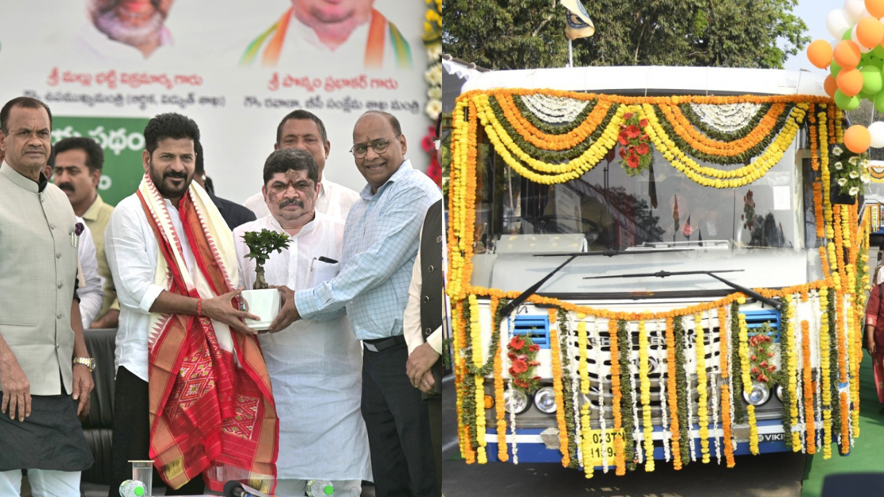 Telangana CM Revanth Reddy Flags Off 100 Buses In Hyderabad's Necklace Road | Video