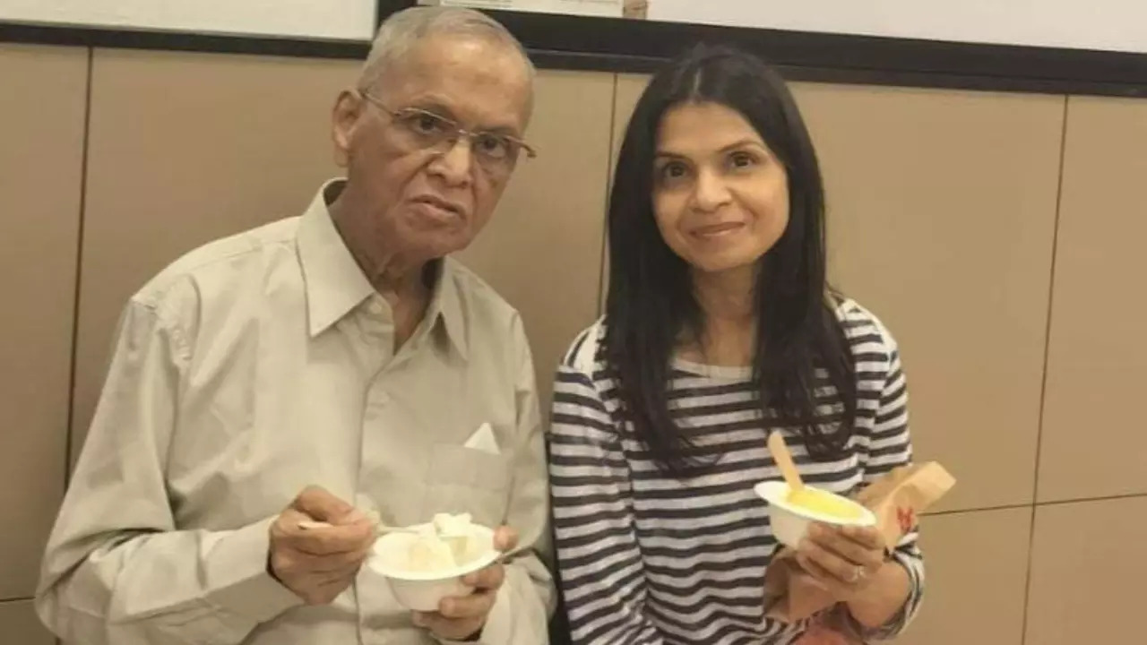 Infosys co-founder Narayana Murthy pictured with his daughter, Akshata Murty, at an ice cream store in Bengaluru. | Courtesy: Brijesh Kalappa