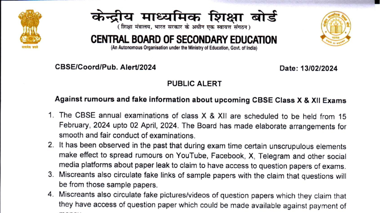 CBSE Board Exams 2024: Board Issues Notice Against Fake Information on Class 10, 12 Exams