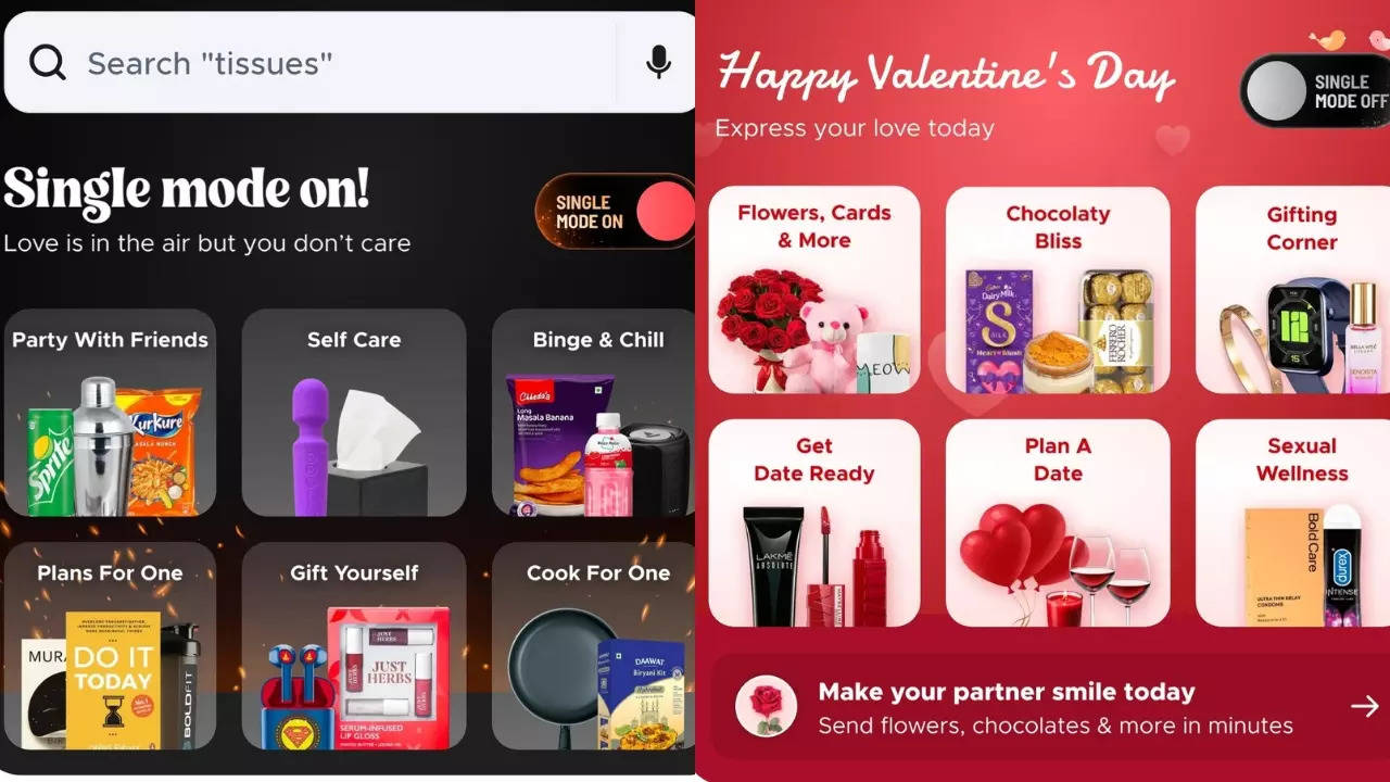 Single Mode can be turned on and off to personalise Valentines' Day recommendations. | Courtesy: BlinkIt