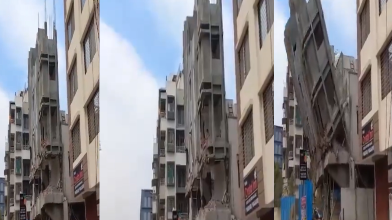 Pune: PCMC Demolishes Three-Story Building in Wakad As It Tilts To One Side | Watch