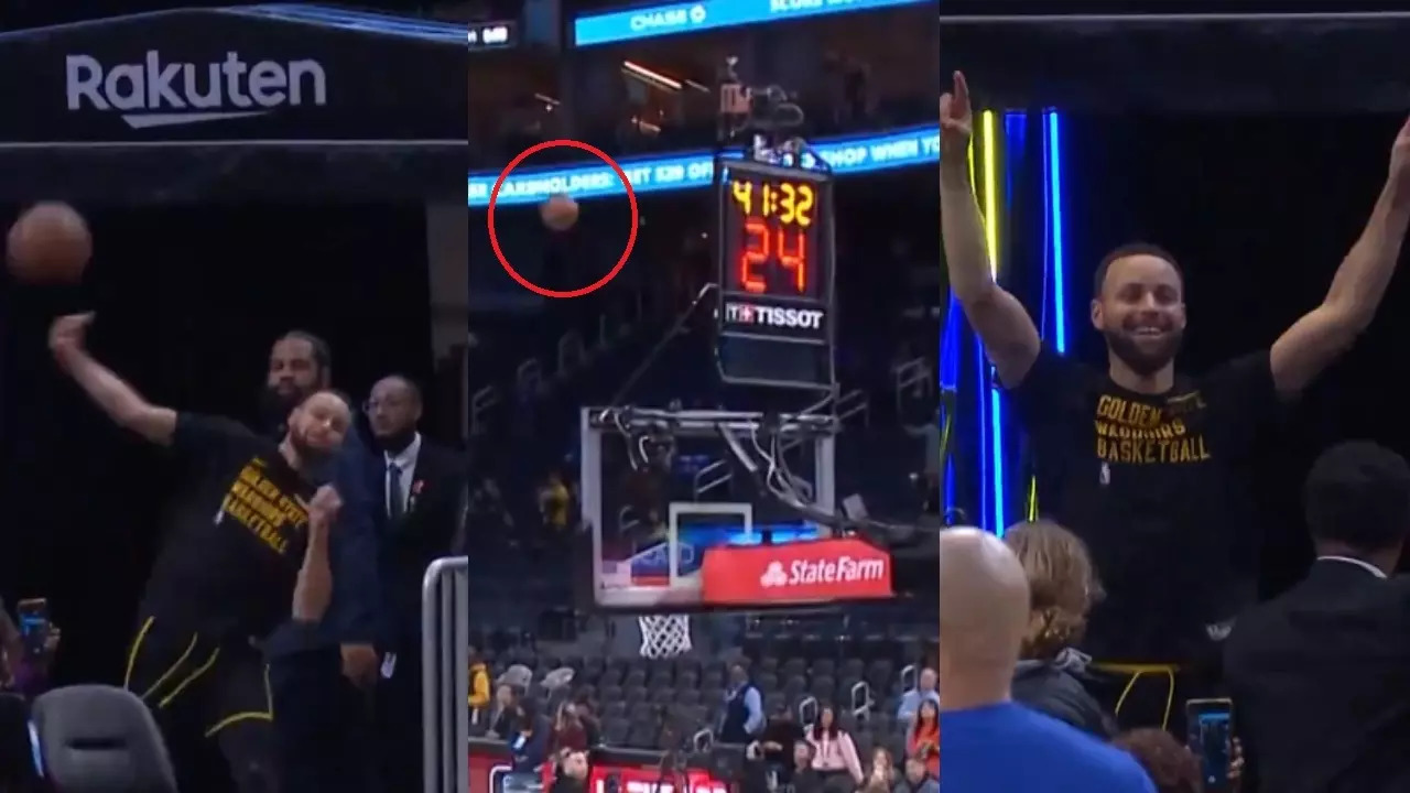 Stephen Curry hitting a shot from the tunnel.