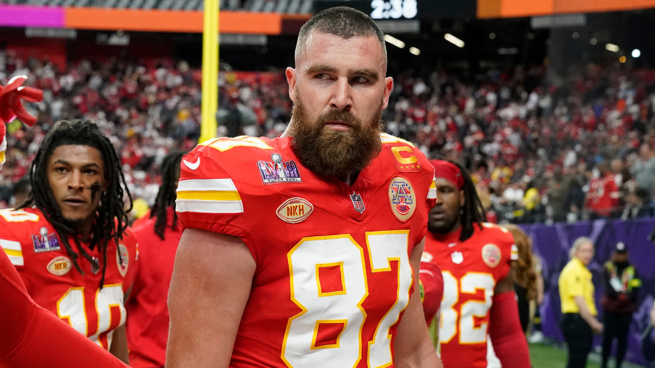 Travis Kelce, Kansas City Chiefs tight end, during Super Bowl LVIII at Allegiant Stadium in Las Vegas.